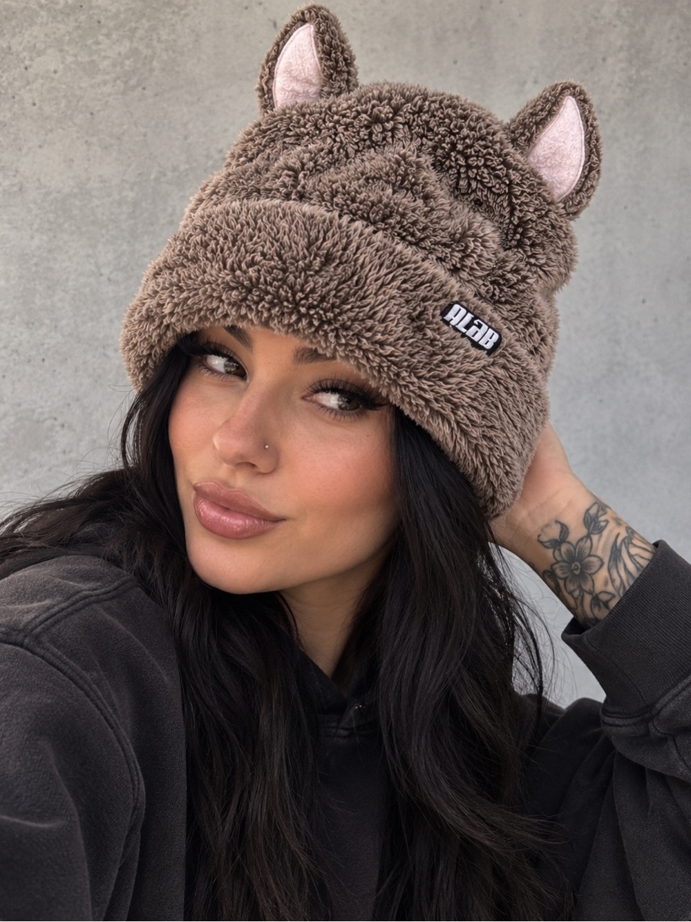 A.LAB gray plush wolf beanie fuzzy animal ear hat